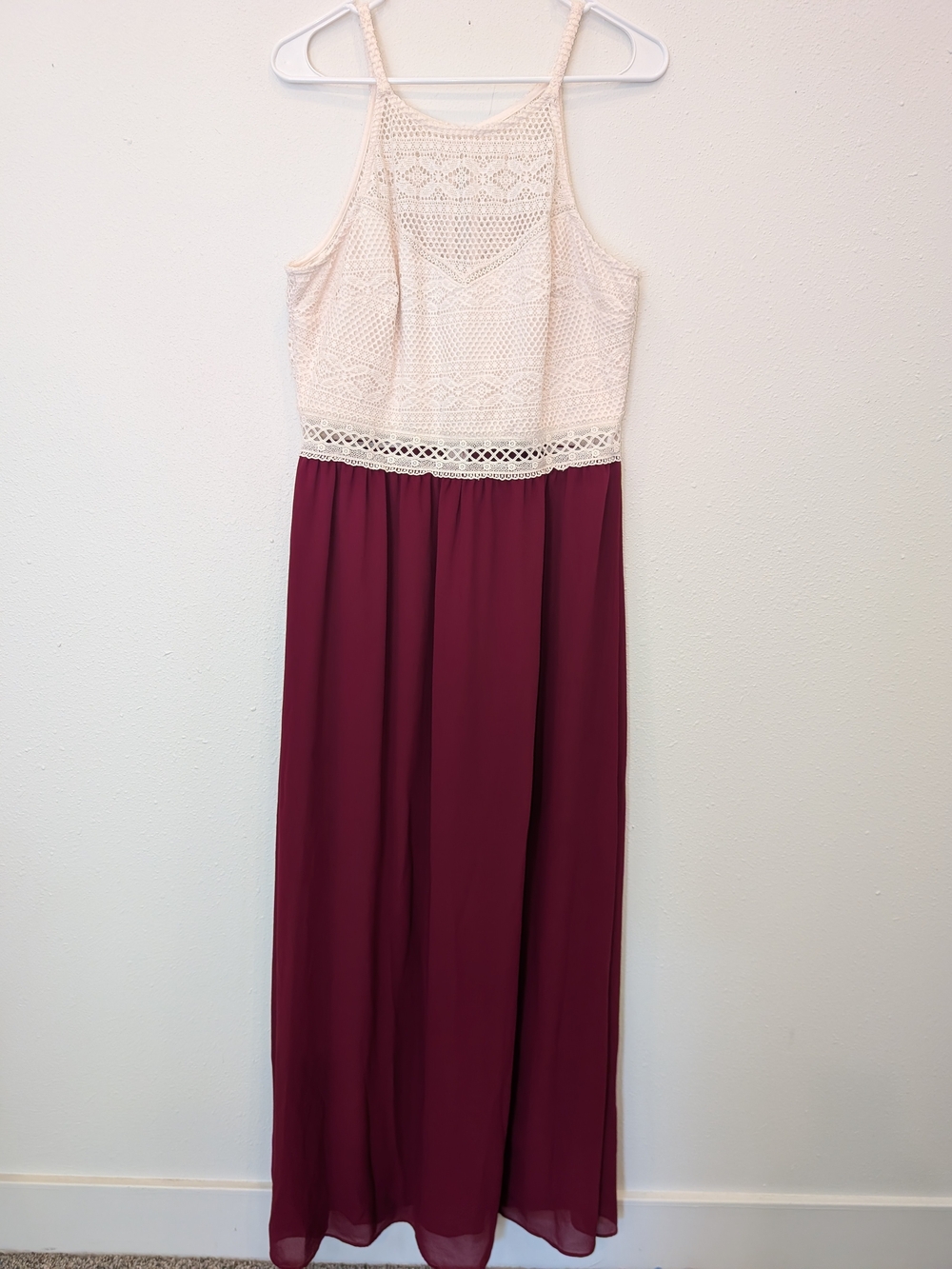 BCX Cream Crochet Bodice Maxi with Burgundy Skirt